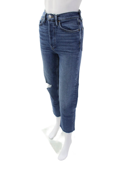 Re/Done Womens Medium Wash Button Flt Distressed Straight Leg Jeans Blue Size 26