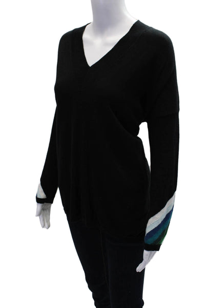 WISPR Womens Cotton Striped V-neck Pullover Sweater Top Black Combo Size S