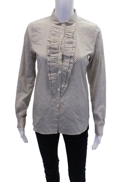 Amina Rubinacci Womens Cotton Polka Dot Ruffle Buttoned Blouse Top Beige Size 40