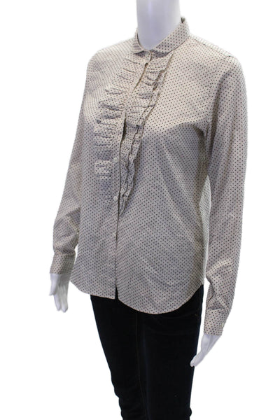 Amina Rubinacci Womens Cotton Polka Dot Ruffle Buttoned Blouse Top Beige Size 40