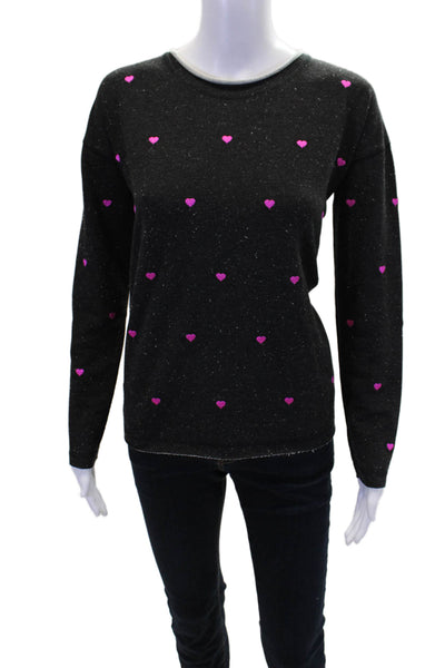 Lisa Todd Womens Cotton Blend Heart Print Crew Neck Sweater Top Black Size S