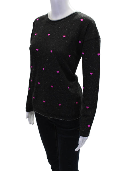 Lisa Todd Womens Cotton Blend Heart Print Crew Neck Sweater Top Black Size S