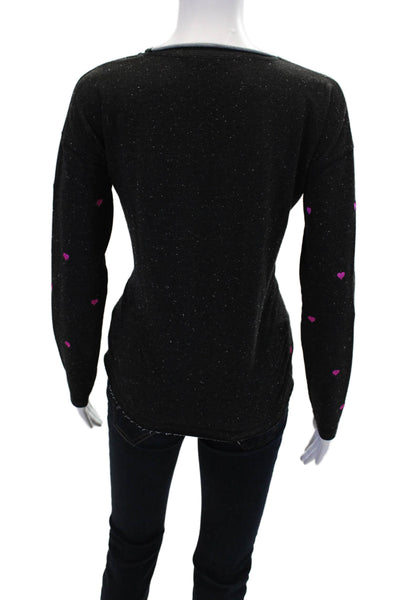 Lisa Todd Womens Cotton Blend Heart Print Crew Neck Sweater Top Black Size S