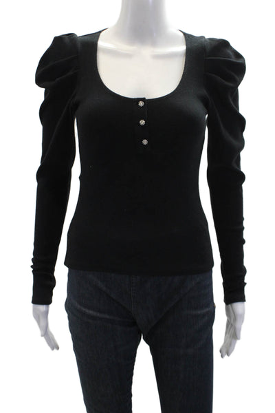 Cinq à Sept Womens Jeweled Button Puffy Long Sleeves Shirt Black Size Small