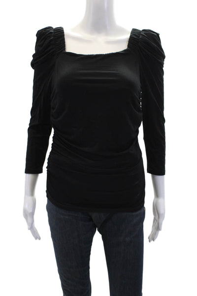 Frame Womens Long Puffy Sleeves Ruched Square Neck Blouse Black Size Small