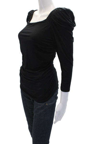 Frame Womens Long Puffy Sleeves Ruched Square Neck Blouse Black Size Small