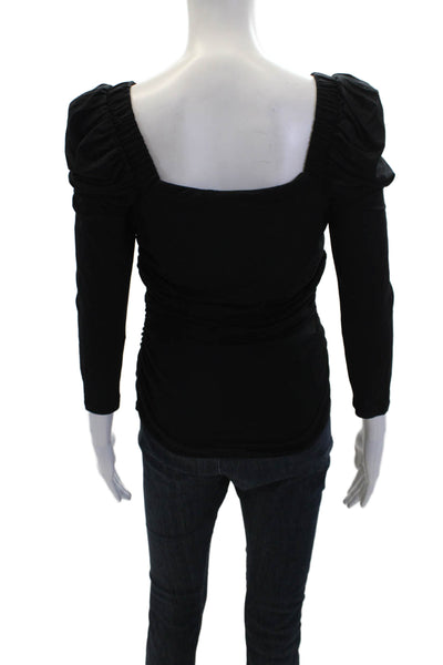 Frame Womens Long Puffy Sleeves Ruched Square Neck Blouse Black Size Small