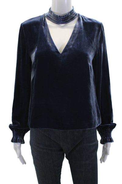 Intermix Womens Velvet Choker Neck Long Sleeves Blouse Navy Blue Size Small