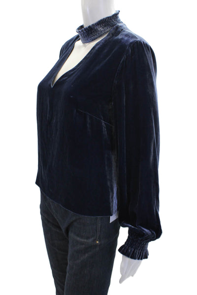 Intermix Womens Velvet Choker Neck Long Sleeves Blouse Navy Blue Size Small
