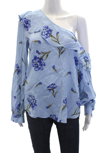 L'Academie Womens Floral Print Ruffled Long Sleeves Blouse Sky Blue Size Small