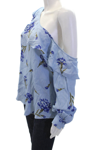 L'Academie Womens Floral Print Ruffled Long Sleeves Blouse Sky Blue Size Small