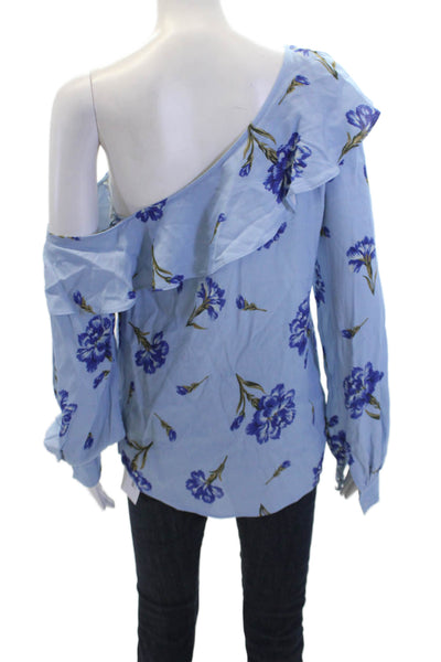 L'Academie Womens Floral Print Ruffled Long Sleeves Blouse Sky Blue Size Small