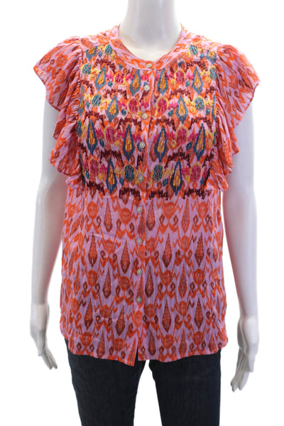 Figue Womens Cotton Blend Abstract Beaded Short Sleeve Blouse Top Pink Size XS