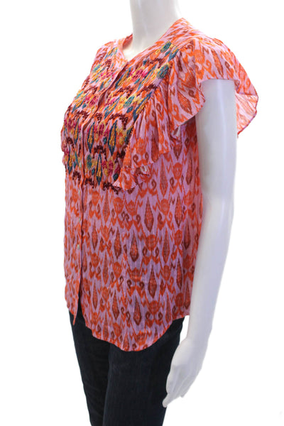 Figue Womens Cotton Blend Abstract Beaded Short Sleeve Blouse Top Pink Size XS