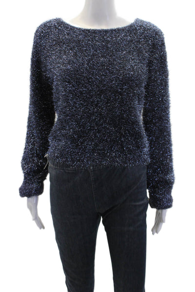 Anthropologie Womens Metallic Round Neck Long Sleeve Sweater Top Blue Size S