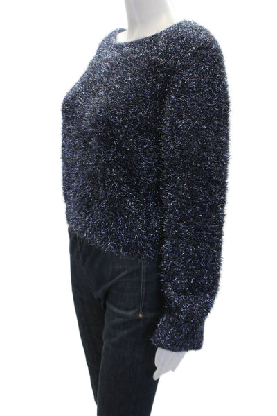 Anthropologie Womens Metallic Round Neck Long Sleeve Sweater Top Blue Size S