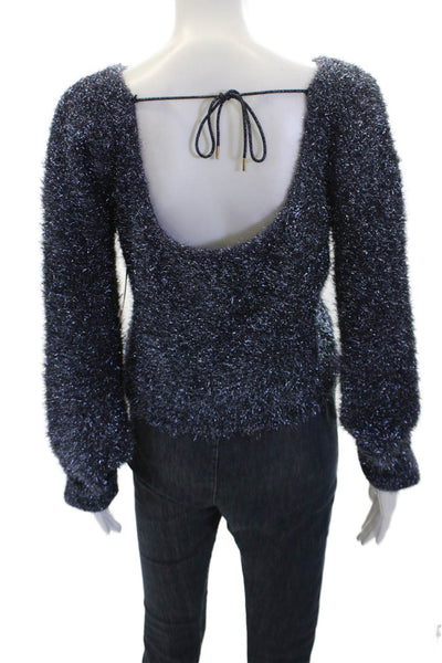 Anthropologie Womens Metallic Round Neck Long Sleeve Sweater Top Blue Size S