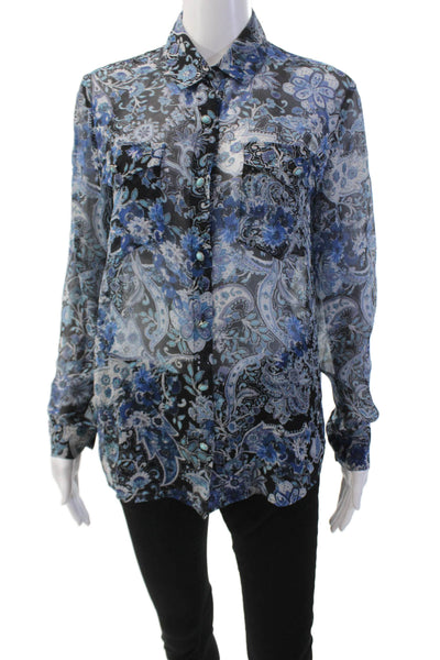 The Kooples Womens Sheer Floral Printed Long Sleeve Buttoned Blouse Blue Size 1