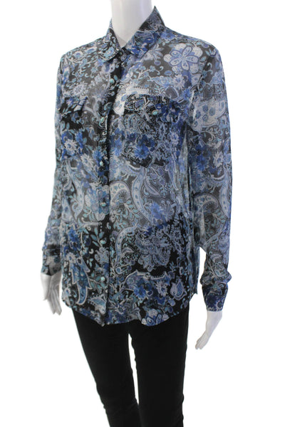 The Kooples Womens Sheer Floral Printed Long Sleeve Buttoned Blouse Blue Size 1