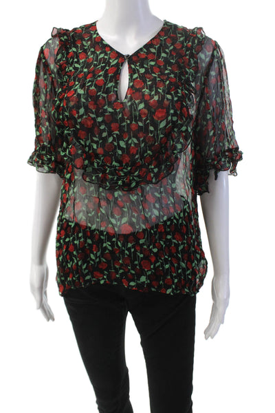 The Kooples Womens Sheer Floral Printed V-Neck Half Sleeve Blouse Black Size 1
