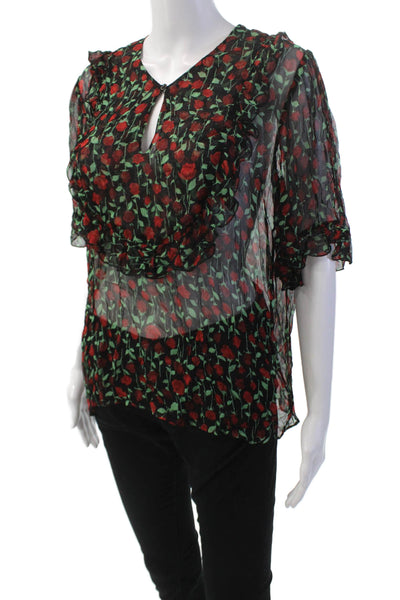 The Kooples Womens Sheer Floral Printed V-Neck Half Sleeve Blouse Black Size 1