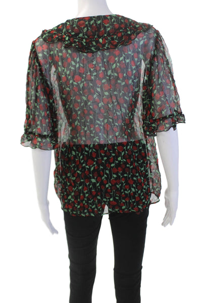 The Kooples Womens Sheer Floral Printed V-Neck Half Sleeve Blouse Black Size 1