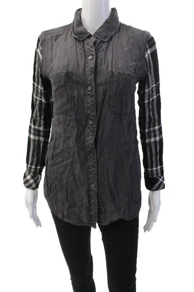 Rails Womens Denim Front Plaid Printed Collared Buttoned Blouse Gray Size XS