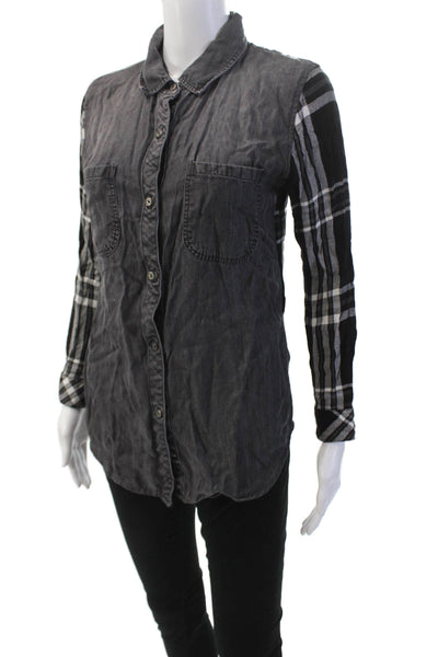 Rails Womens Denim Front Plaid Printed Collared Buttoned Blouse Gray Size XS