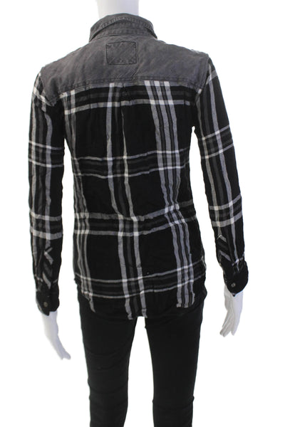 Rails Womens Denim Front Plaid Printed Collared Buttoned Blouse Gray Size XS