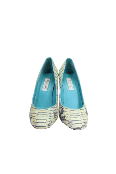 Isaac Womens Stiletto Snake Embossed Round Toe Pumps Green Leather Size 7M