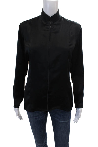 Lorraine Womens Silk Long Sleeve Mock Neck Zip Up Top Black Size 44