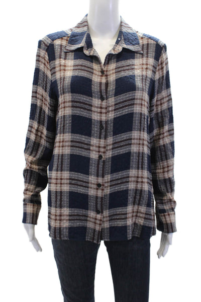 Drew Womens Plaid Collared Long Sleeve Button Up Blouse Top Navy Size S
