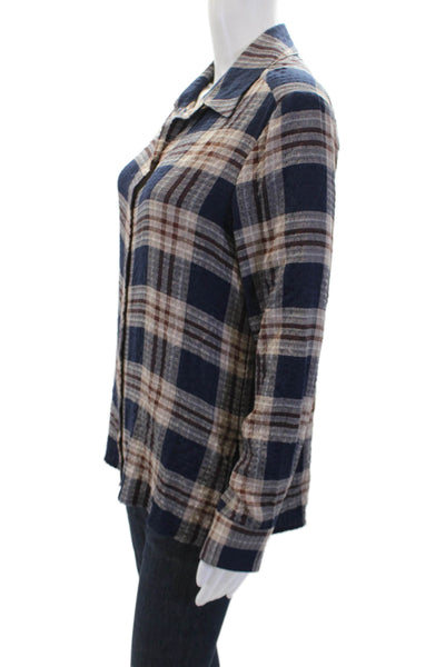 Drew Womens Plaid Collared Long Sleeve Button Up Blouse Top Navy Size S