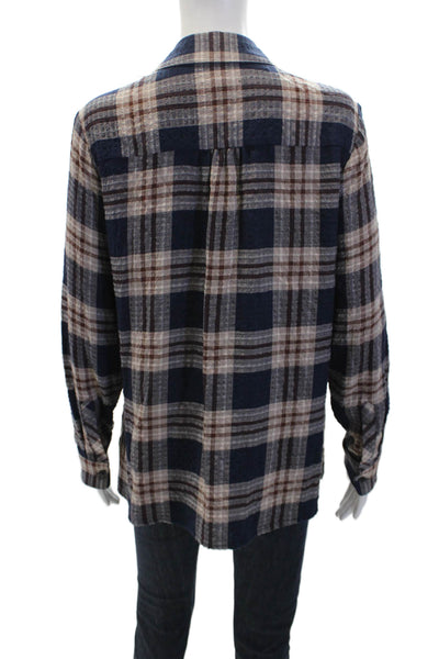 Drew Womens Plaid Collared Long Sleeve Button Up Blouse Top Navy Size S
