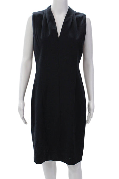 T Tahari Womens V-Neck Sleeveless Zip Up Mid-Calf Pencil Dress Navy Size 8