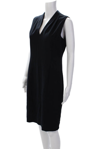 T Tahari Womens V-Neck Sleeveless Zip Up Mid-Calf Pencil Dress Navy Size 8