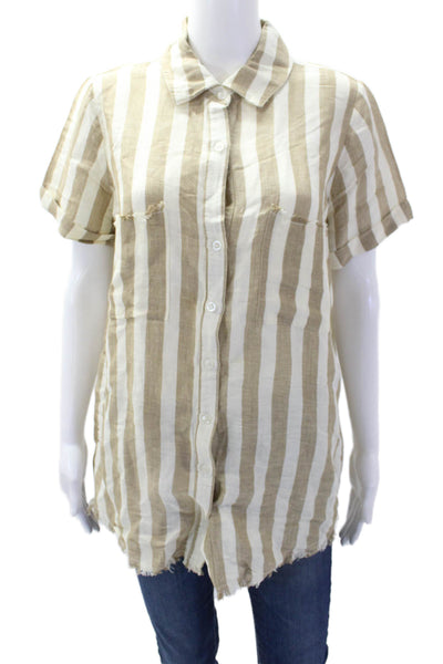 Show Me Your Mumu Womens Linen Striped Button Down Shirt Brown White Size Small
