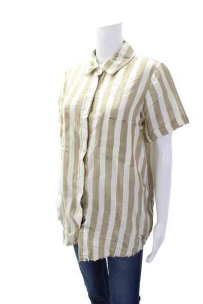 Show Me Your Mumu Womens Linen Striped Button Down Shirt Brown White Size Small