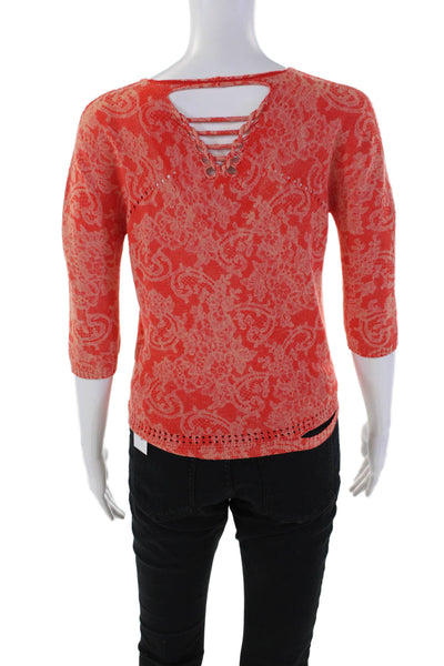 Elisa Cavaletti Women's Short Sleeves Cut-Outs Sweater Floral Orange Size S