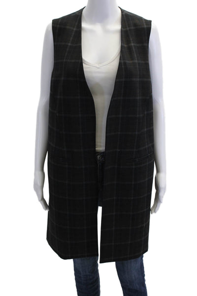 Estelle & Finn Womens Open Front Plaid Vest Jacket Navy Gray Brown Size 12