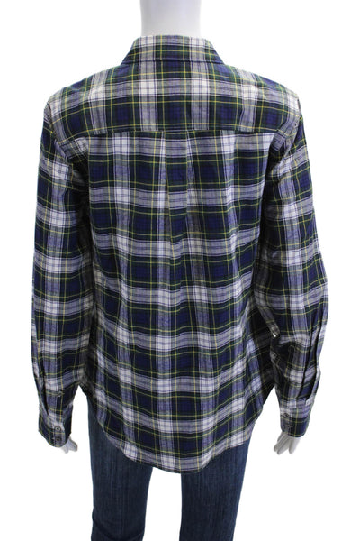 J Crew Womens Button Front Long Sleeve Plaid Shirt Blue Green White Size 2