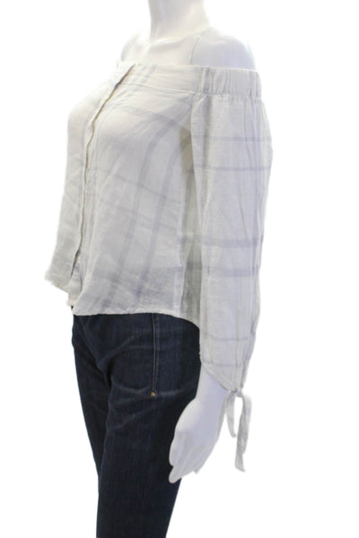 Rails Womens Linen Plaid Long Sleeve Off The Shoulder Blouse Top White Size XS