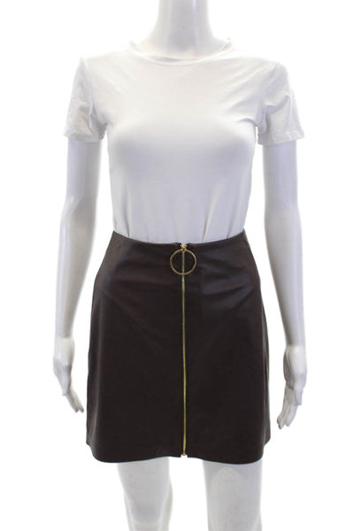 Trina Turk Unlined Vegan Leather Zip Up Mini A-Line Skirt Brown Size 00