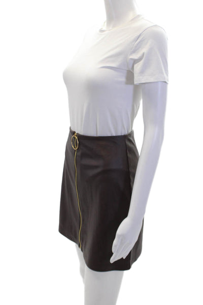 Trina Turk Unlined Vegan Leather Zip Up Mini A-Line Skirt Brown Size 00
