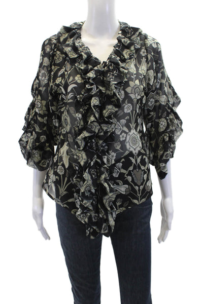 Gretchen Scott Womens Textured Long Sleeve Floral Blouse Black Size S