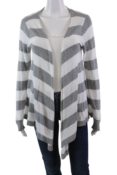 525 America Womens Open Front Striped Knit Cardigan Sweater White Gray Medium