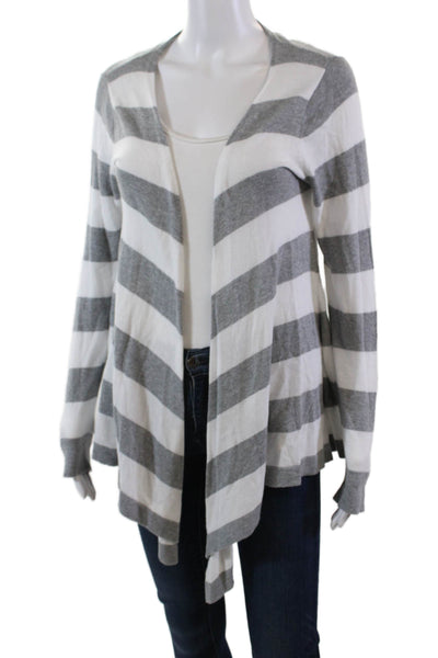 525 America Womens Open Front Striped Knit Cardigan Sweater White Gray Medium