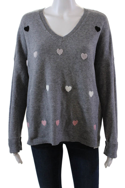 Charlie Womens Long Sleeve V Neck Heart Sweatshirt Gray Pink Size Large