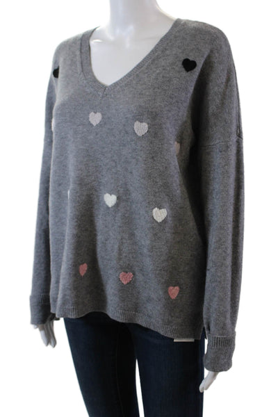 Charlie Womens Long Sleeve V Neck Heart Sweatshirt Gray Pink Size Large