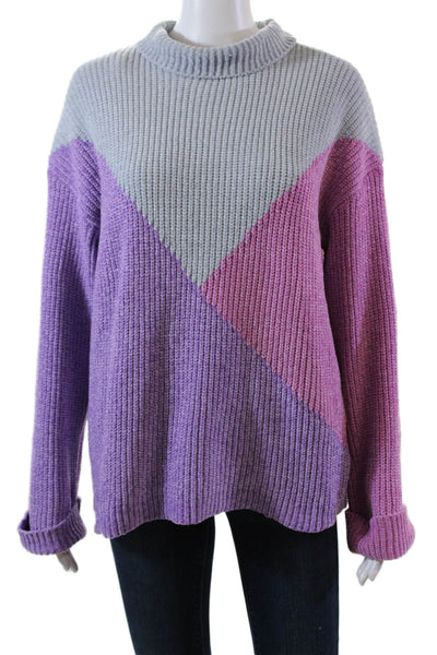Elena Wang Womens Long Sleeve Mock Neck Soft Knit Sweater Gray Pink Size Large